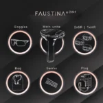 FAUSTINA 2IN1 IPL box contents including device, two skin rejuvenation lamps, hair removal lamp, goggles, pouch, swabs and power adaptor