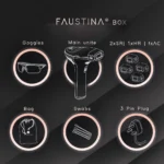 FAUSTINA Pro IPL box contents including two skin rejuvenation lamps, hair removal lamp, acne clearance lamp, goggles, pouch and plug adaptor