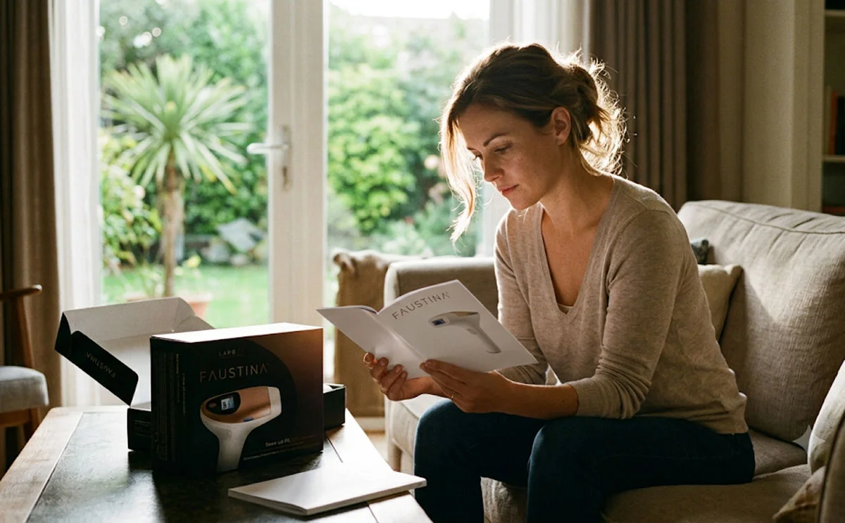 Woman reading a FAUSTINA IPL instruction manual beside the device box