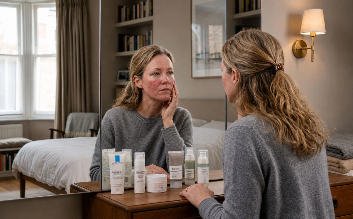 Woman examining facial redness and broken capillaries in a mirror