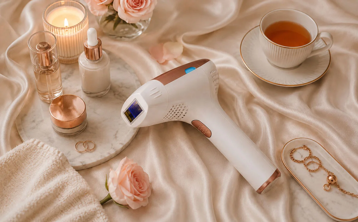 FAUSTINA IPL hair removal device displayed with beauty accessories