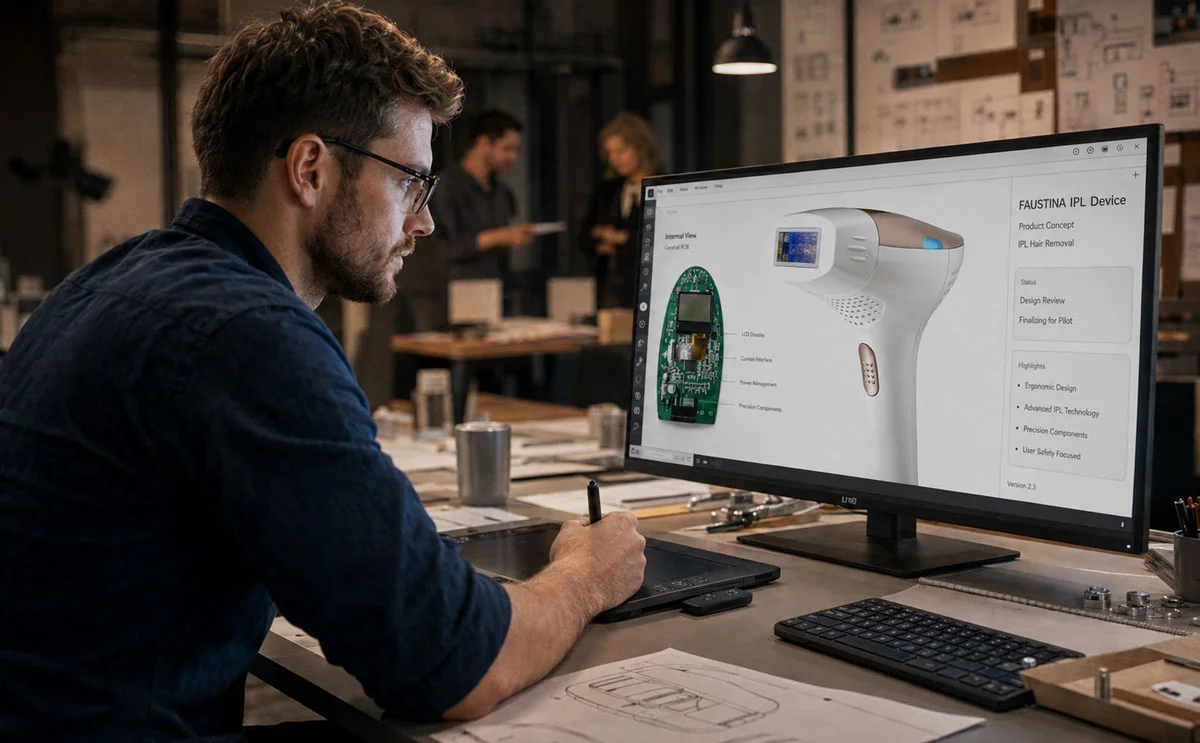 Engineer reviewing the internal design of a FAUSTINA IPL device