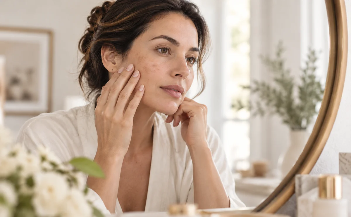 Woman examining mild brown spots and facial pigmentation in a mirror before IPL skin rejuvenation treatment.