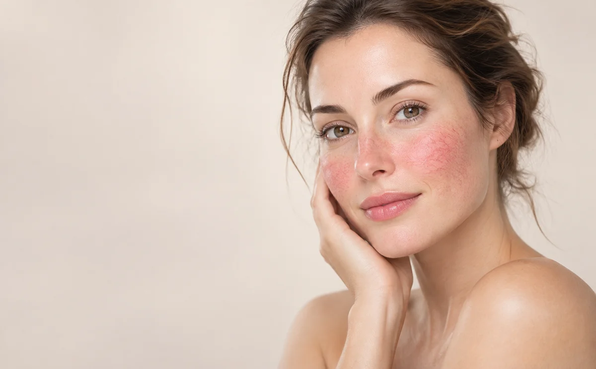Woman with visible broken capillaries and facial redness on the cheeks and nose, illustrating superficial facial vessels for FAUSTINA IPL skincare treatment.