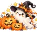 Cute Halloween ghost wearing a witch hat with FAUSTINA branding, surrounded by smiling orange pumpkins, autumn leaves and golden stars.