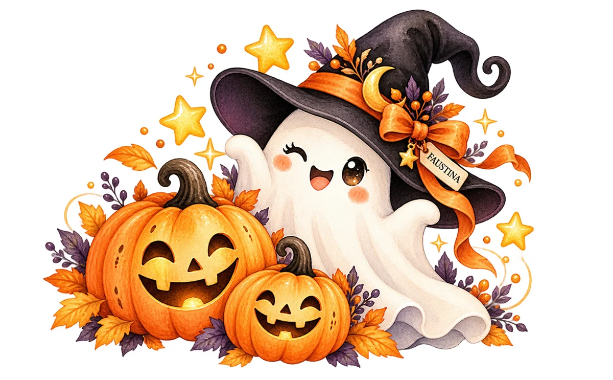 Cute Halloween ghost wearing a witch hat with FAUSTINA branding, surrounded by smiling orange pumpkins, autumn leaves and golden stars.